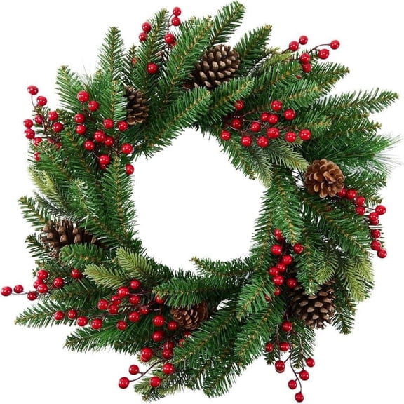 Beslands 24 Inch Artificial Christmas Wreath, Pre-Decorated with Pinecones & Red Berries for Front Door, Mantel, Window Indoor Outdoor Holiday Decor