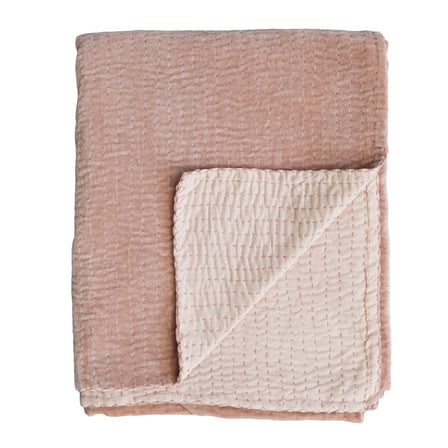 Creative Co-Op Soft Cotton Velvet Throw Blanket with Kantha Stitch, Peach