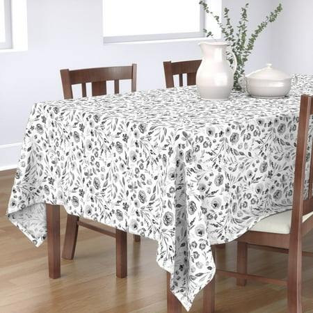 

Cotton Sateen Tablecloth 70 x 90 - Small Gray Farm House Blooms Monochrome Watercolor Floral Print Custom Table Linens by Spoonflower