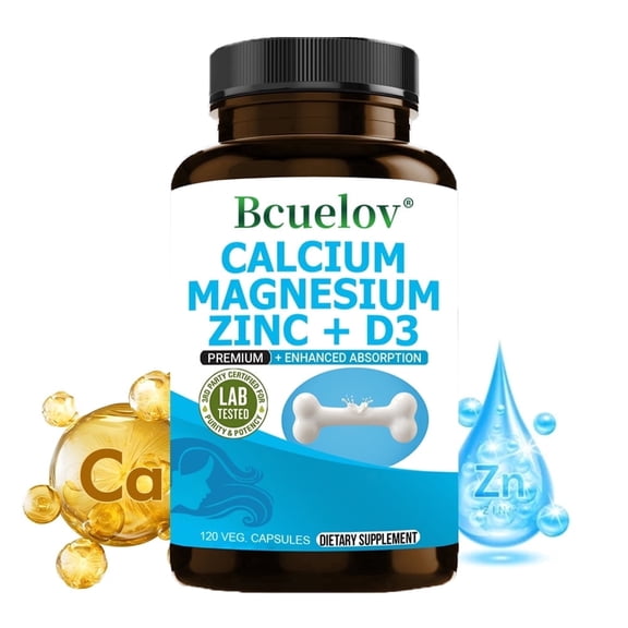 Bcuelov Calcium Magnesium Zinc with Vitamin D3, Dietary Supplement for Bone Support - 120 Capsules