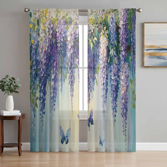 Butterfly Flower Sheer Curtains 63 Inch Length 2 Panels Set, Purple Floral Spring Vine Oil Painting Voile Window Treatment Rod Pocket Curtains Sheers Drapes for Bedroom/Living Room/Kitchen 52x"63"x2