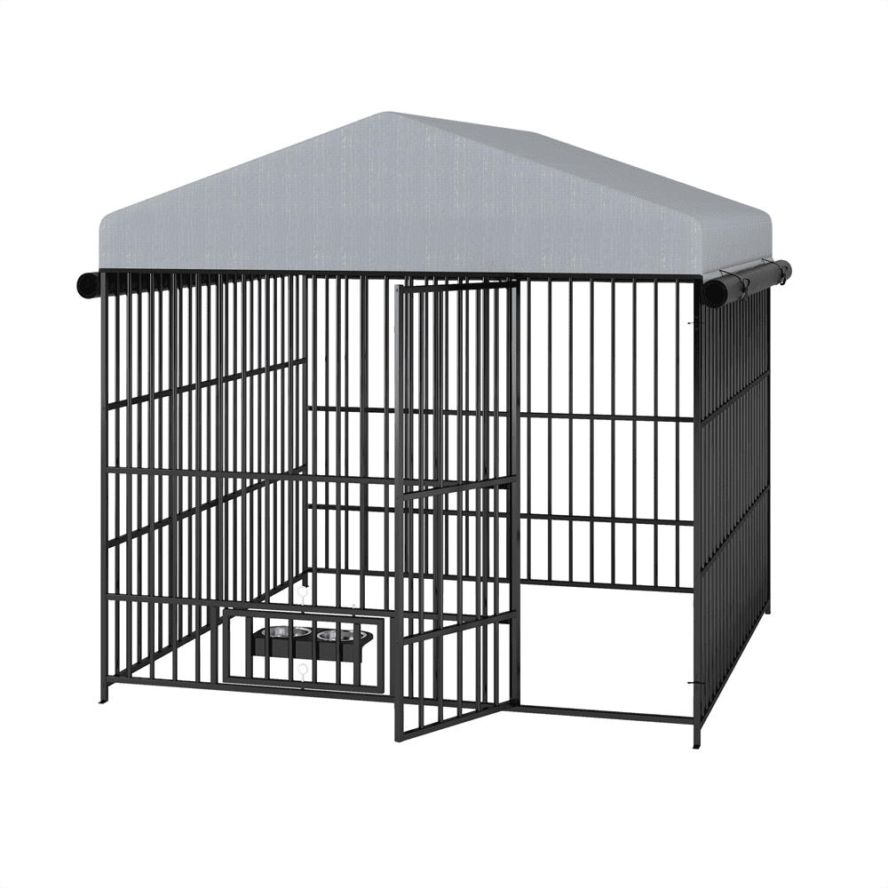 MIDOQIN Outdoor Dog Kennel with Roof Cover, Lockable Feeding Door, 2 Stainless Steel Bowls, Heavy-Duty Pet Enclosure Fence with Canopy, 6.6'L x 6.6'W x 6.4'H