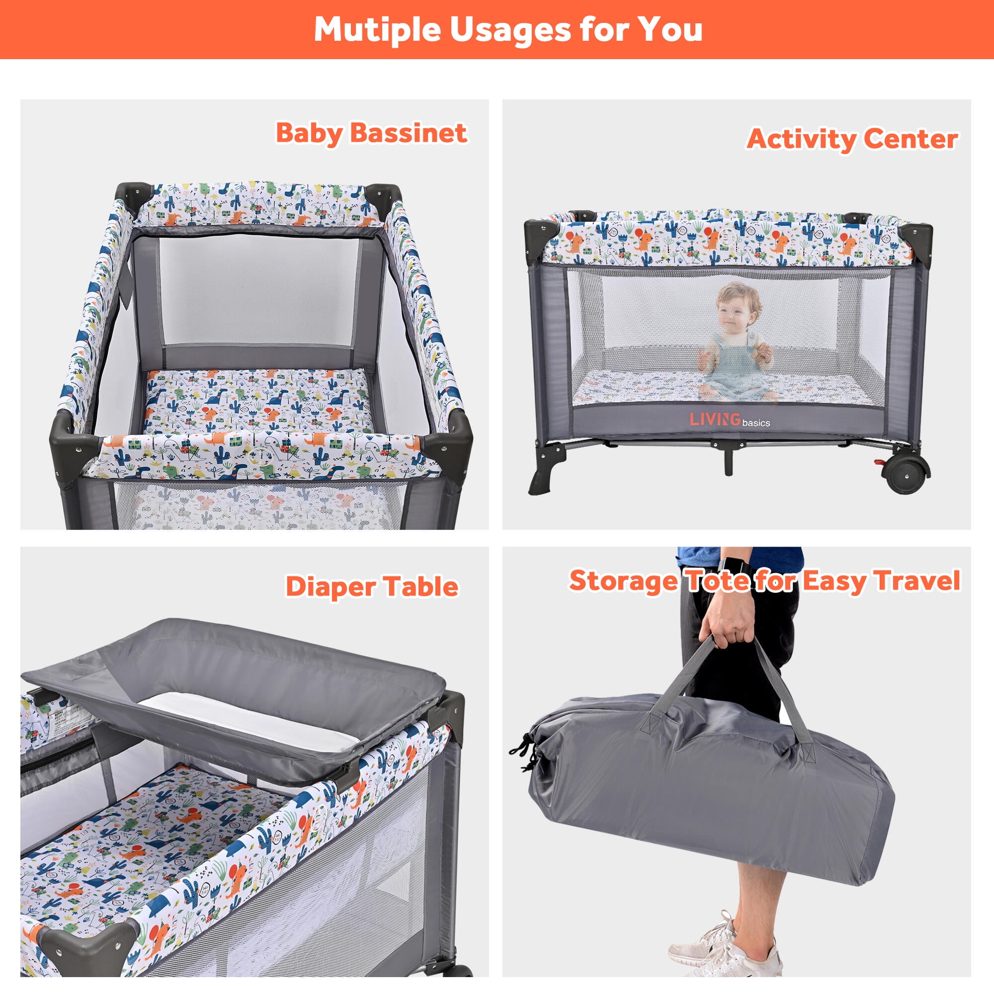 Portable Baby Playard with Bassinet and Changing Table, Foldable