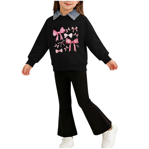 Conjunto de sudadera de manga larga con cuello vuelto para niños, estampado de patchwork, cuello redondo, manga larga y pantalones acampanados casuales con cintura elástica, conjunto relajado, conjunt