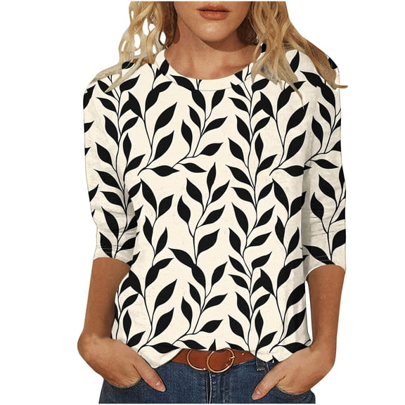 DeHolifer 3/4 Length Sleeve Womens Tops Boho Floral Spring T-Shirt Solid Color Summer Tops Trendy Pleated Front Shirts Beach Top Khaki 2XL