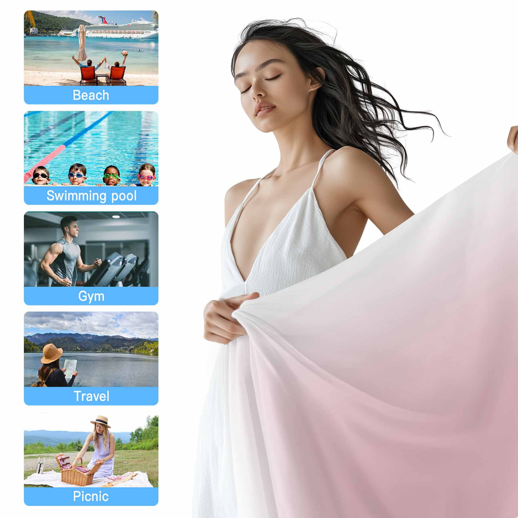 Beach Towel Ombre Pink Bath Pool Towels Gradient Milky White Absorbent Beach Towel Soft Large Quick Dry Lightweight Camping Travel Sports Yoga Gym Swim Towels for Adult 35x70 Inch