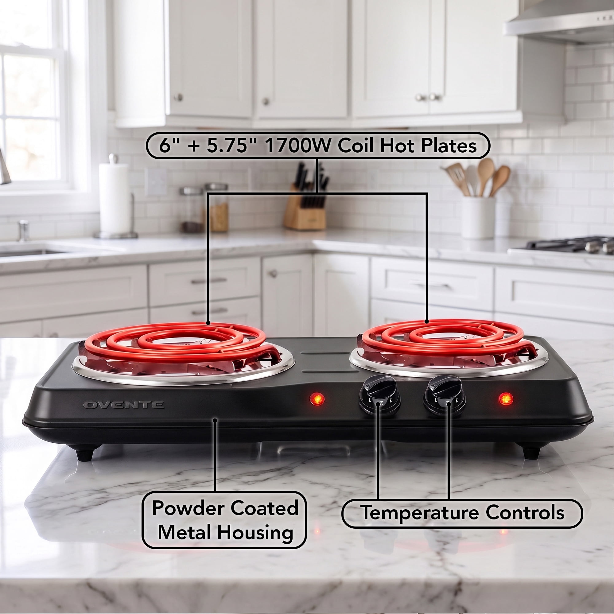 OVENTE Electric Double Burner, 1700W Coil Hot Plate, Black BGC102B, 6" & 5.75" Portable Countertop Cooktop, Metal Housing, 5-Level Temperature Control, Indicator Light, Easy-to-Clean, Compact
