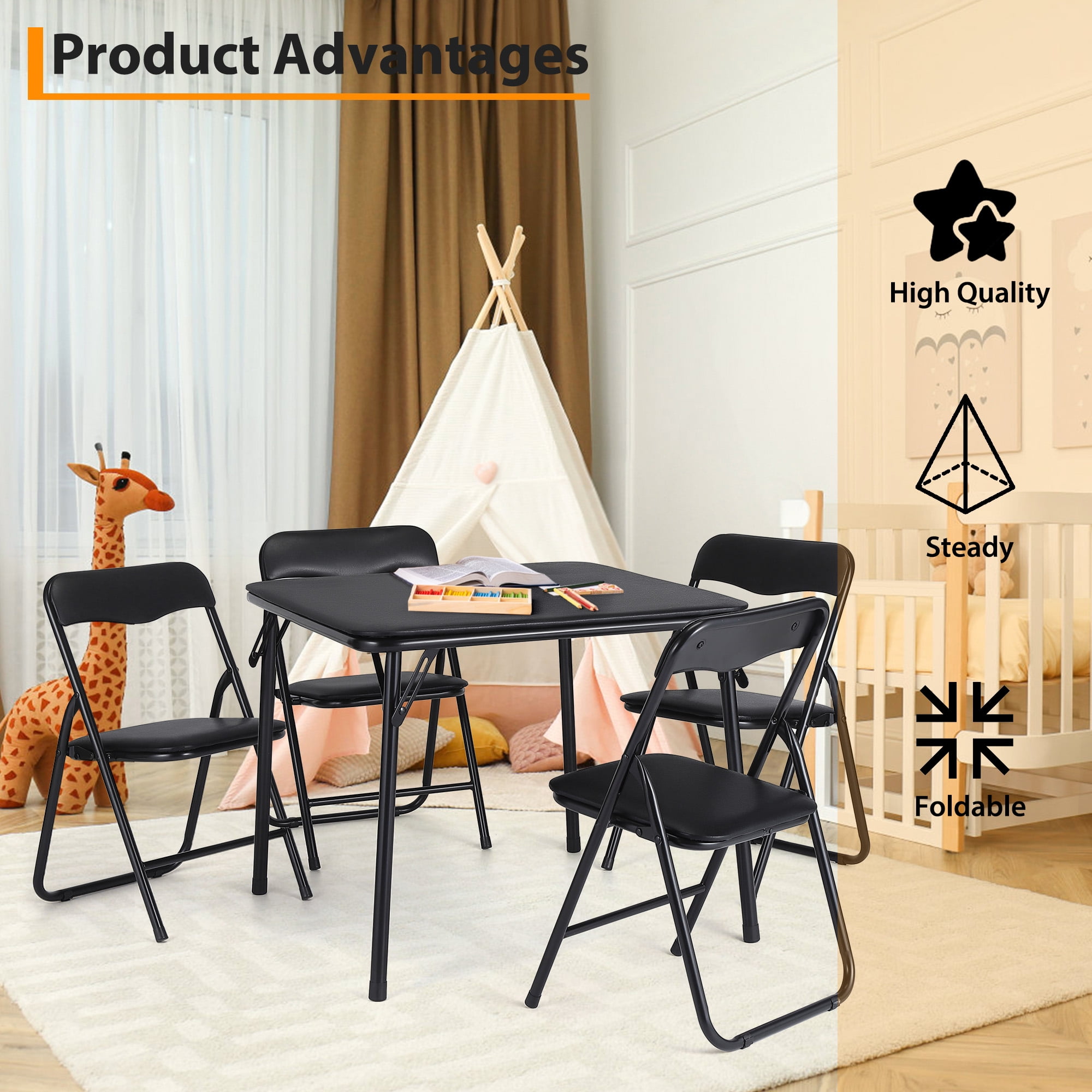Black 5-Piece Kids Folding Table and Chair Set - Upholstered Metal Frame Activity Table Set for Eating, Reading & Playing