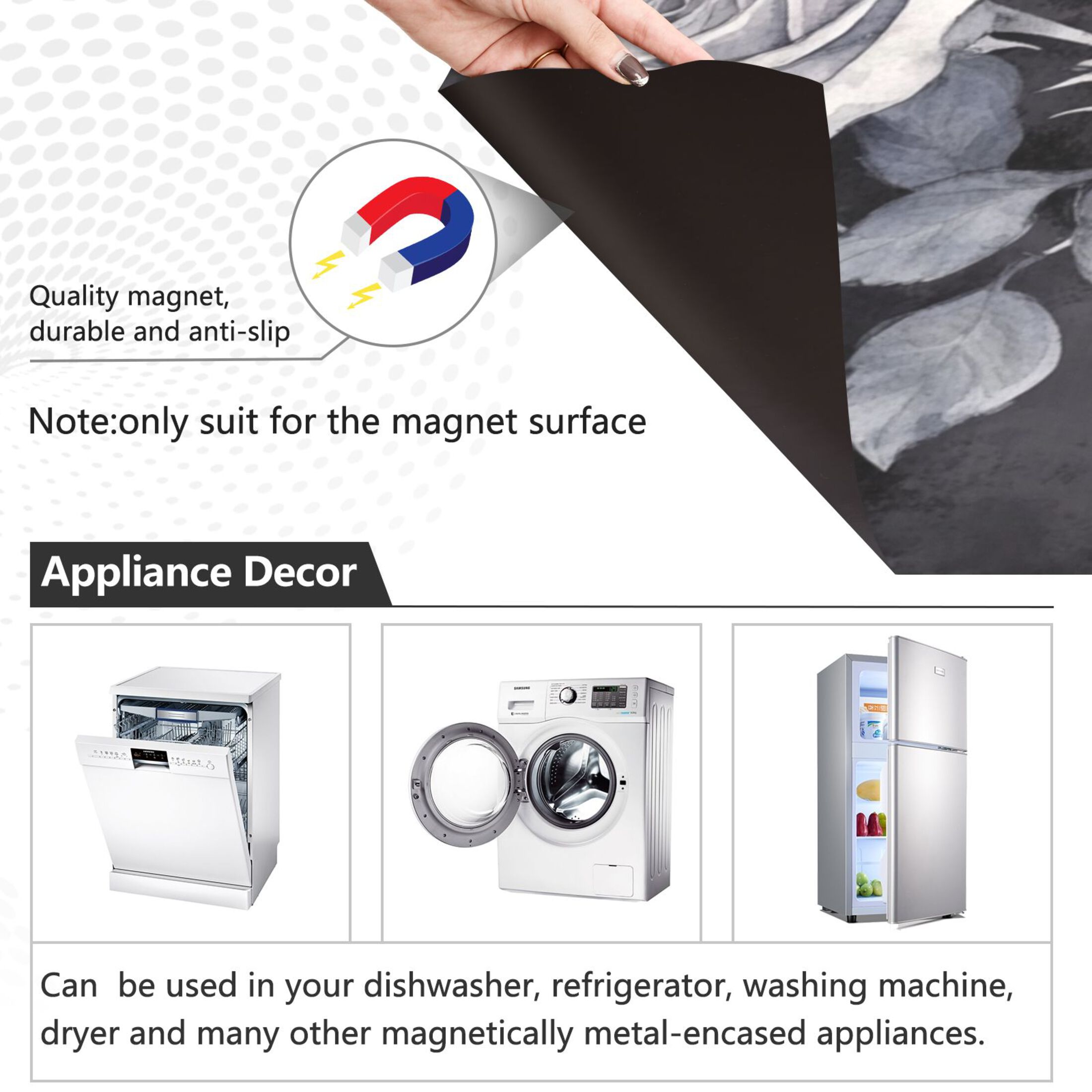 Dishwasher Magnetic Sticker 23x26 Inch Refrigerator Magnetic Sticker Washing Machine Magnetic Sticker Kitchen Panel Magnetic Sticker Home Decor Black Flowers Seamless