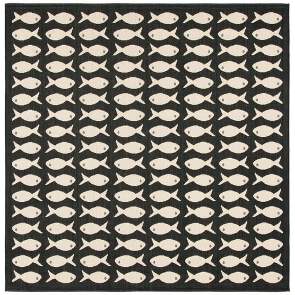 SAFAVIEH Courtyard Tranter Fishes Indoor/Outdoor Area Rug, Black/Beige, 7'10" x 7'10" Square