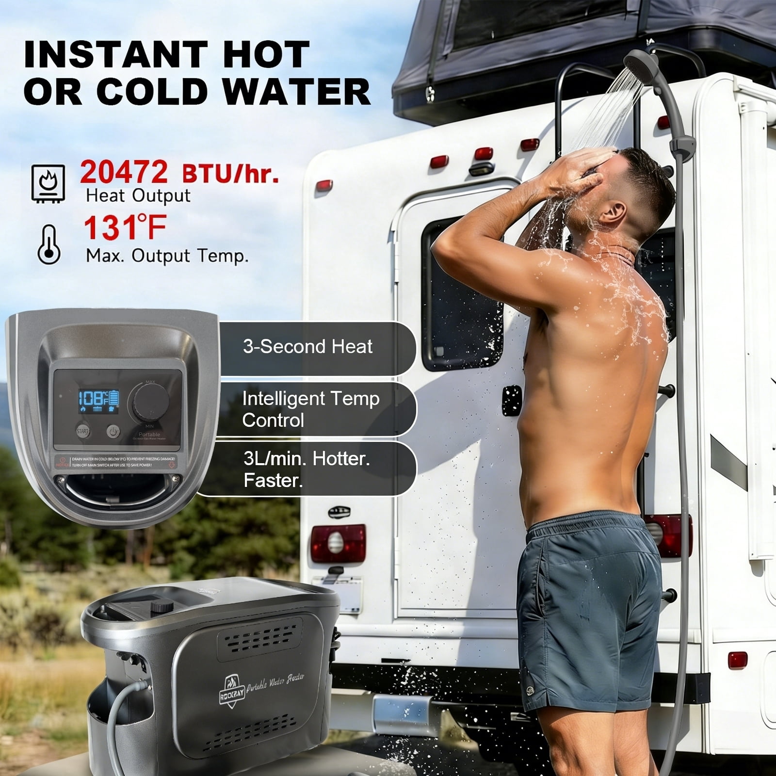 ROCKRAY Portable Propane Water Heater for Camping,Instant Hot Water Heater with 5200mAh Battery,Max 180 Mins Runtime, Outdoor Shower for RV, Cleaning & Pet Washing