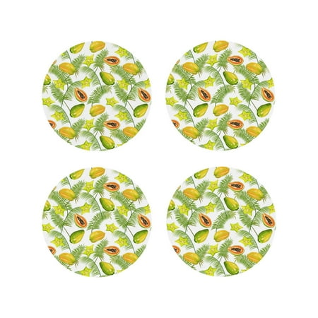 

Coasters Set of 4 - Papaya star fruit leaf Drink Coasters for Tabletop Protection Leather Coasters for Living Room Decor and Housewarming Gift Round Shape