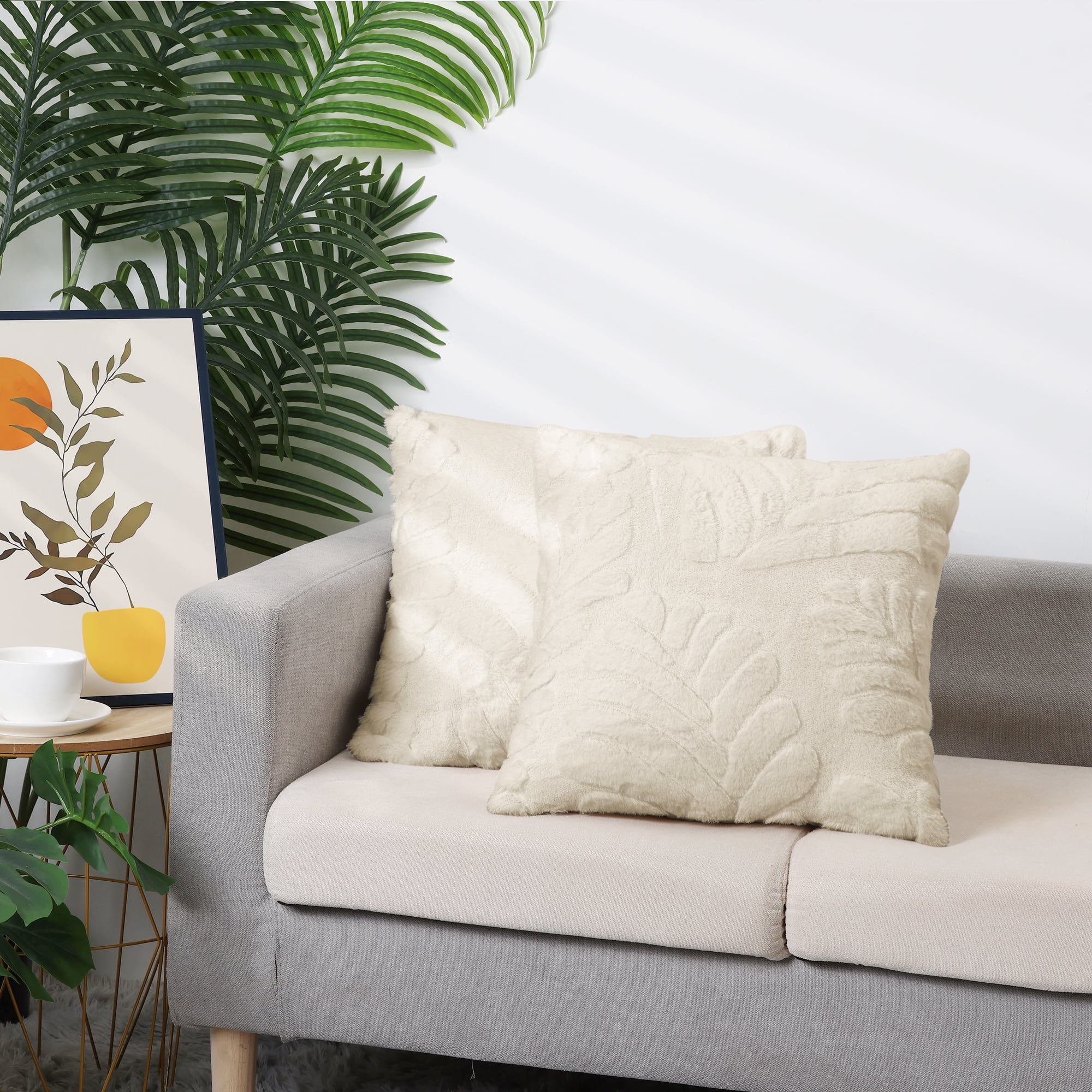 Unique Bargains Basho Leaf Pattern Cushion Covers Solid Fluffy Plush Pillow Covers 2 Pcs Beige 18" x 18"