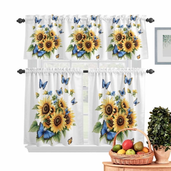 Spring Sunflower Kitchen Curtains Valances 3 Piece Set, Watercolor Blue Butterfly Pastoral Rod Pocket Tier Curtain and Valance Drapes for Small Window 36 Inch Length for Bedroom Cafe