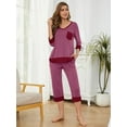 thumbnail image 3 of SHOWMALL Comfy Lounge Sets for Women Purple Red L 3/4 Sleeves V-Neck Tops and Loose Capri Pants Pajama Set, 3 of 9
