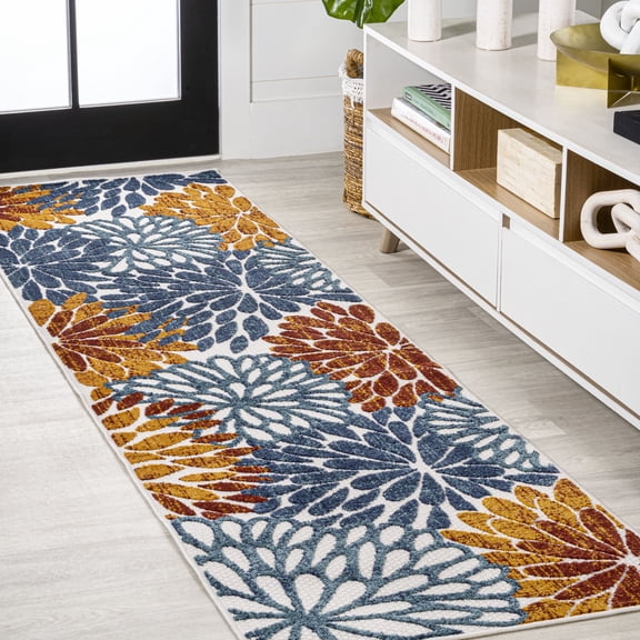 JONATHAN Y AMALFI COAST 2 x 8 Runner Rug, Crisantemo Floral - Orange/Blue/Cream, AMC108A-28