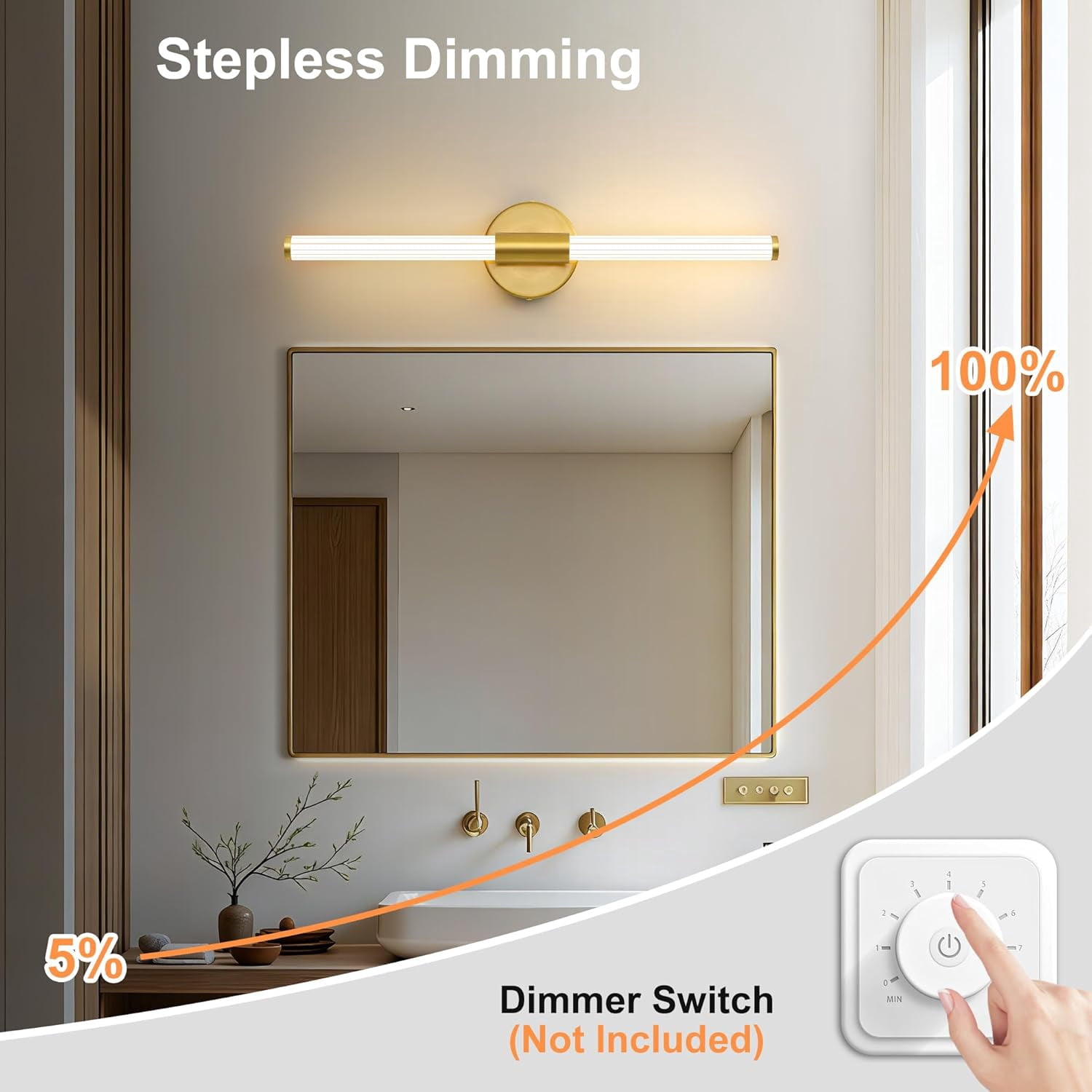 LED Bathroom Light Fixtures, Gold Vanity Lights for Bathroom, 360° Full Lighting Dimmable LED 24 inch Vanity Light Bar Over Mirror, Hardwired Modern Wall Sconce Warm White for Bedroom Living Room