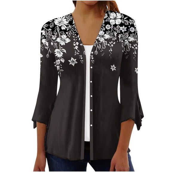 Yievot Womens Floral Print Open Front Cardigan 3/4 Sleeve Lightweight Breathable Casual Tops