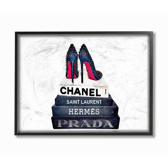 The Stupell Home Decor Collection Glam Fashion Book Set BW Stud Pump Heels Framed Giclee Texturized Art