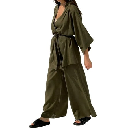 

One opening Women 2 Piece Pleated Loungewear Pajamas Outfits Long Sleeve Button Down Shirts High Waist Wide Leg Palazzo Pants Set