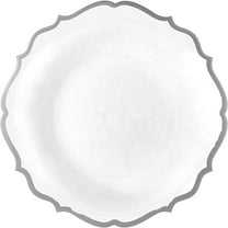 (50 PACK) EcoQuality 10.5" inch Round White Plastic Plates with Silver Rim Modern Design - Heavy Duty Large Disposable Charger Dinner Plate Weddings, Tableware, China Like Party Plates