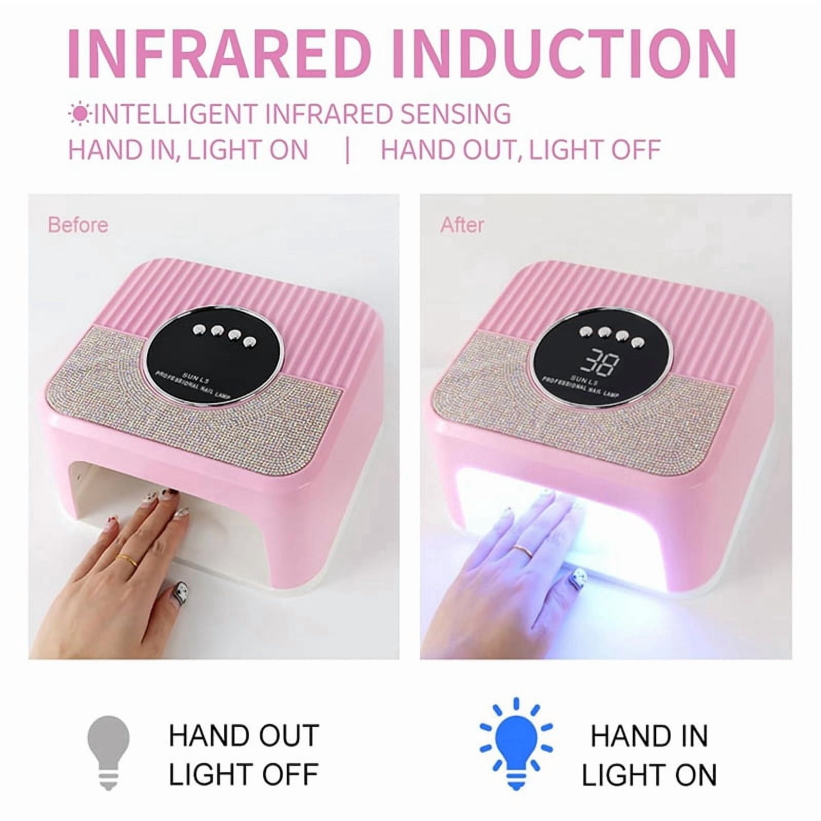 UV Nail Lamp Gel Nails,45LED Nail Lamp with 4 Timer Mode,Gel Nail Lamp Decorated with Sparkling Nail Rhinestone Pink(US)