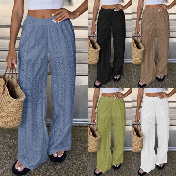 Neewe Womens Pants Elastic Waist Lightweight Palazzo Pants for Women Casual Lounge Wide Leg Pants Woman