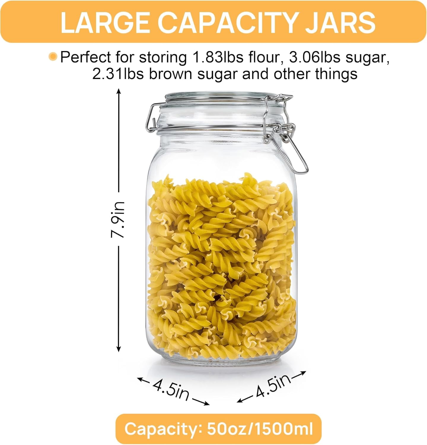Sindcom 50oz Airtight Glass Jars with Lids, 3 PCS Food Storage Canister for Kitchen & Pantry Organization, Square Mason Jar Containers for Storing Sugar, Flour, Cereal,Coffee,Cookies
