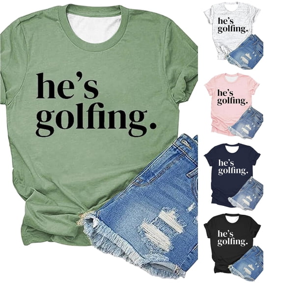 Trendfront Womens He's Golfing Graphic T Shirt Funny Saying Quote Letter Print Cute Wives Vibe Crewneck Short Sleeve Tee Casual Summer Holiday Tops