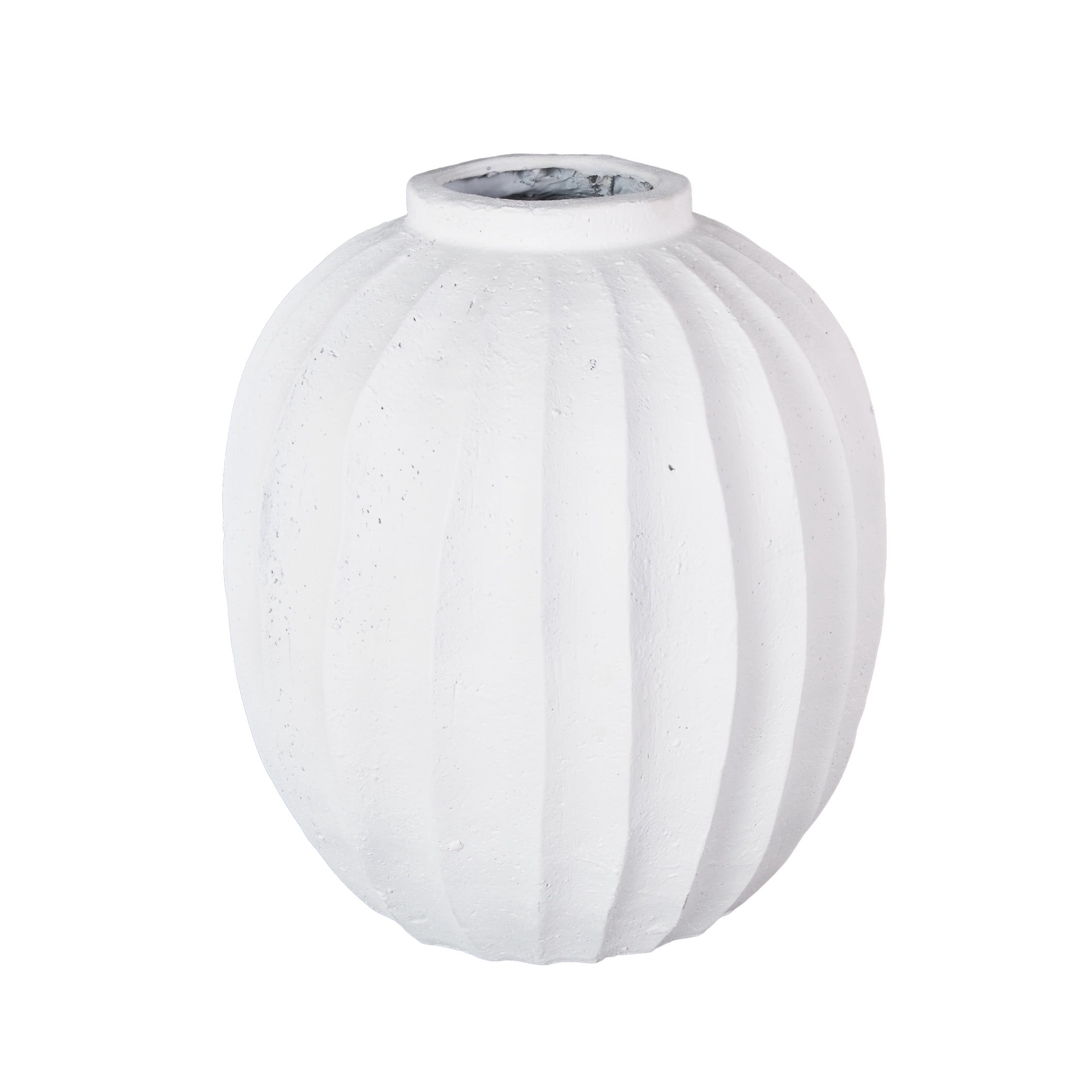 DecMode 18" Wide White Magnesium Oxide Vase with Carved Grooves