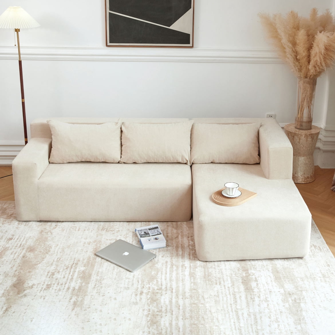 Right armrest L-Shape Sectional Sofa,Minimalist Style Modular Sectional Living Room Sofa Set,2 PC Free Combination Upholstered Snow Velvet Sleeper Sofa with pillows for Salon,white