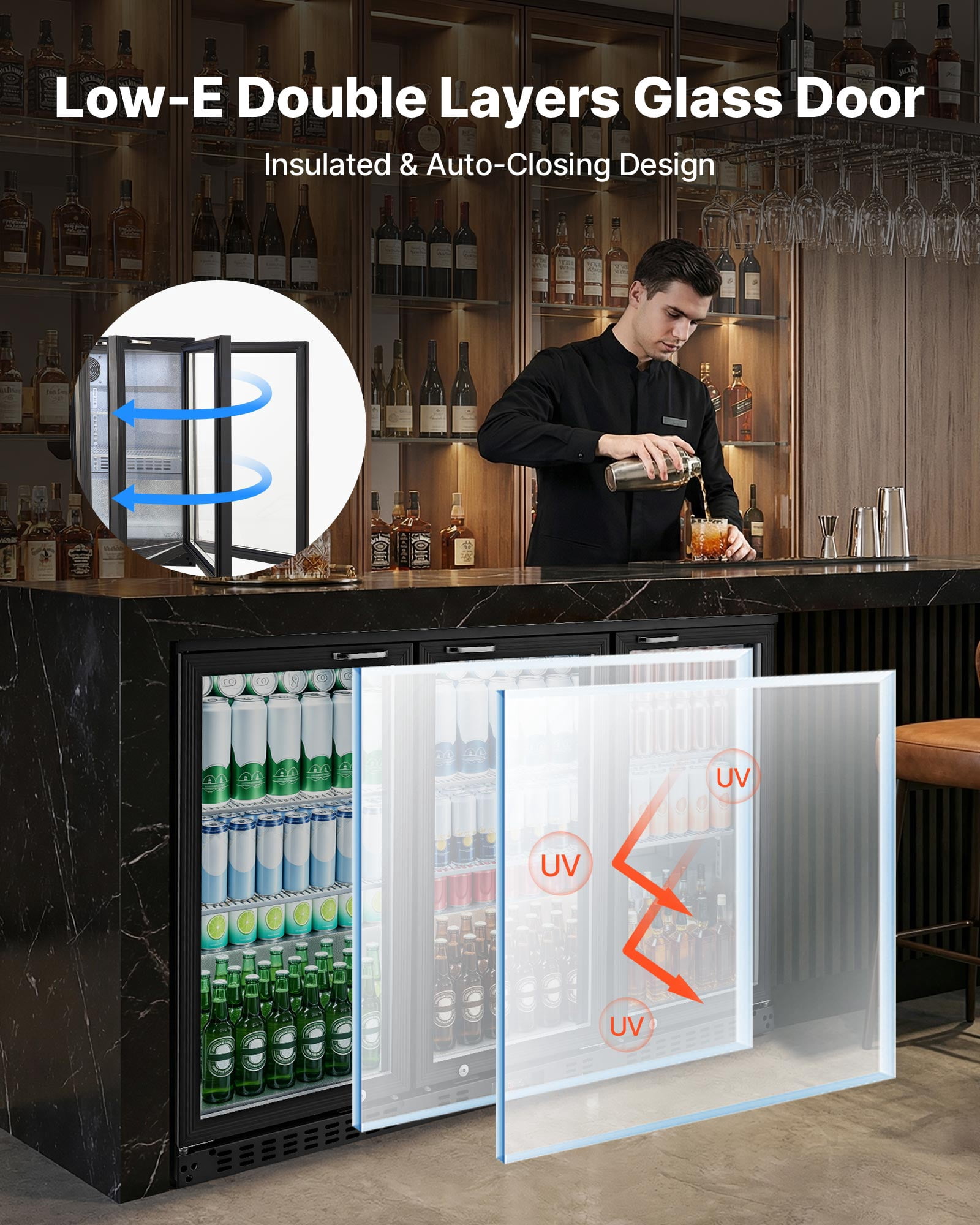 VEVOR Back Bar Cooler, 11.4 Cu.Ft Commercial Beverage Refrigerator with 3 Glass Door, Large Under Counter Fridge w/ LED Lighting, Shelf, Low-E Glass Display Cooler for Store, Lobby, Restaurant, Pub