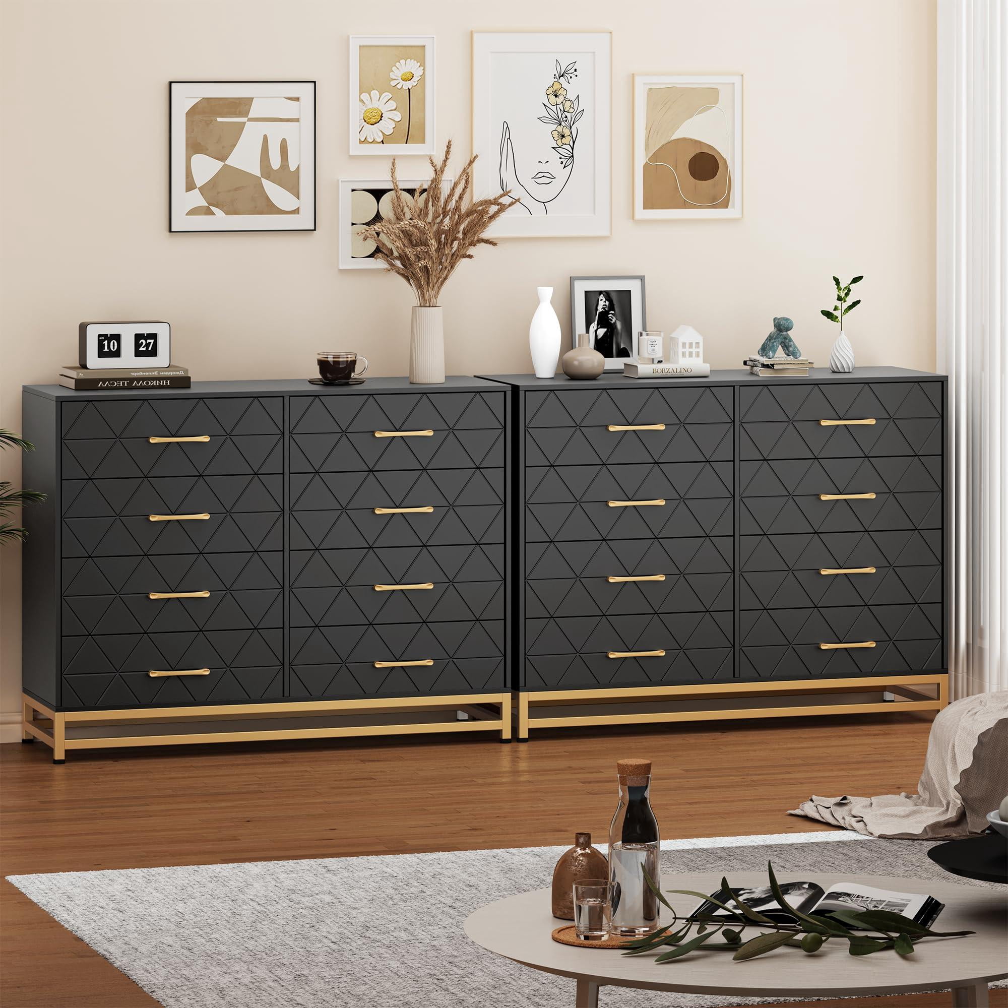 Dresser for Bedroom, Black Dresser with 8 Drawers, Dressers & Chests of Drawers, Metal Handle, Modern Design Dresser Wooden Dressers for Bedroom, Living Room, Long Nightstand (Black)