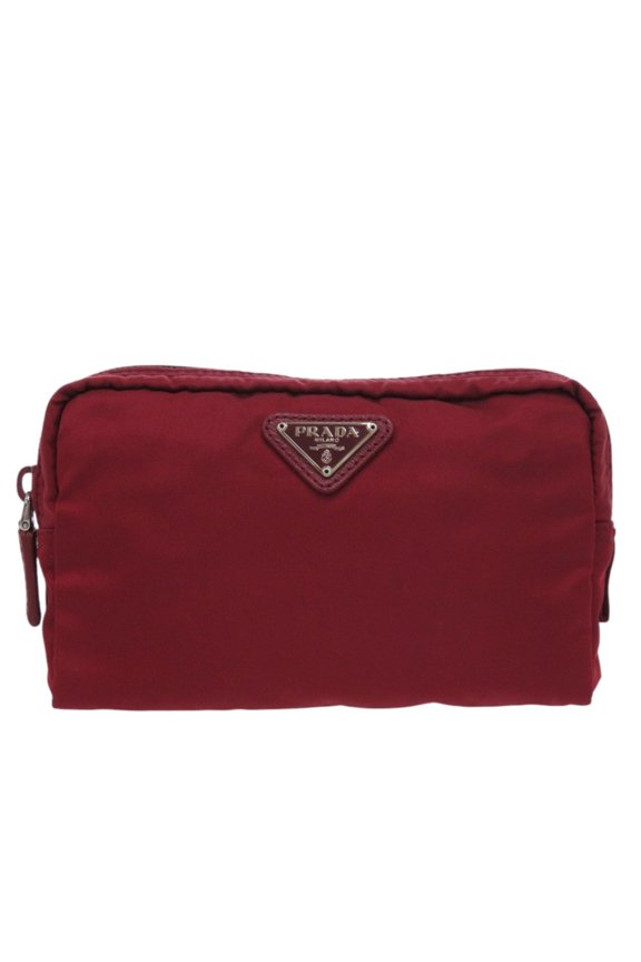 Pre-Owned Prada 1N0021 Triangle Logo Nylon Red Cosmetic Pouch Handbag 0513PRADA