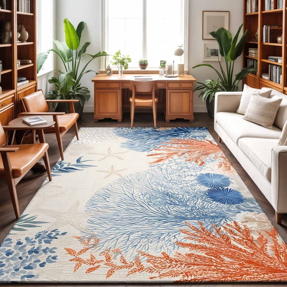 Area Rugs 5'x7', Orange Navy Blue Coral Carpet Runner Indoor Outdoor Rugs Home Decor Aesthetic, Summer Beach Coastal Rustic Non Slip Mats Washable Accent Rug for Living Room Bedroom