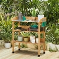 thumbnail image 2 of JJUN Outdoor Garden Potting Bench Table Wooden Horticulture Planting Worstation w/Metal Tabletop/Storage Shelf/3 Hooks, Natural Wood, 2 of 19