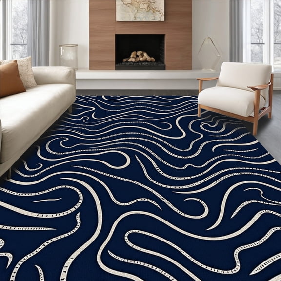 ODIKA 4'x6' Machine Washable Non-Slip Area Rug, Luxurious Wavy Cascade With Elegant Textural High Traffic Rug, Blue, 601354