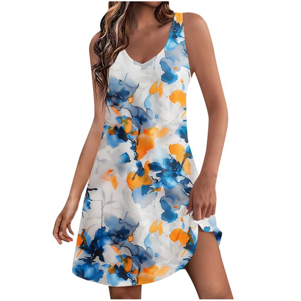 Vestidos de Verano con Cuello en V para Mujeres 2025 Casual con Bolsillos Boho Beach Camisetas Vestido Tanque Suelto