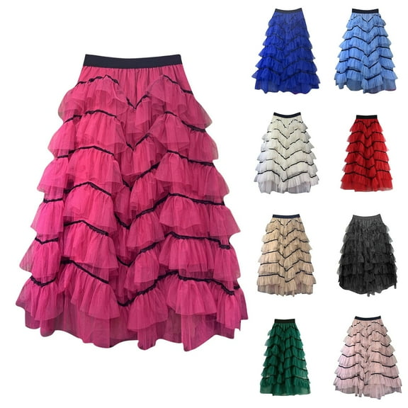 New Summer Arrivals SMihono Elegant Layered Ruffle Tulle Skirts for Women High Waist Long Stylish Skirt High Elastic Waist A-Line Mesh Tutu Skirt Black 4-8