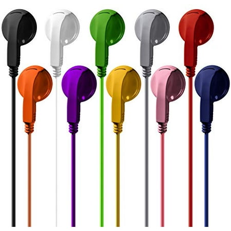 Bulk Earphones Earbuds Headphones Wholesale Lot Inexpensive Disposable Replacement for Kids Individually Bagged for School Classroom Students (10 Pack, Multi)