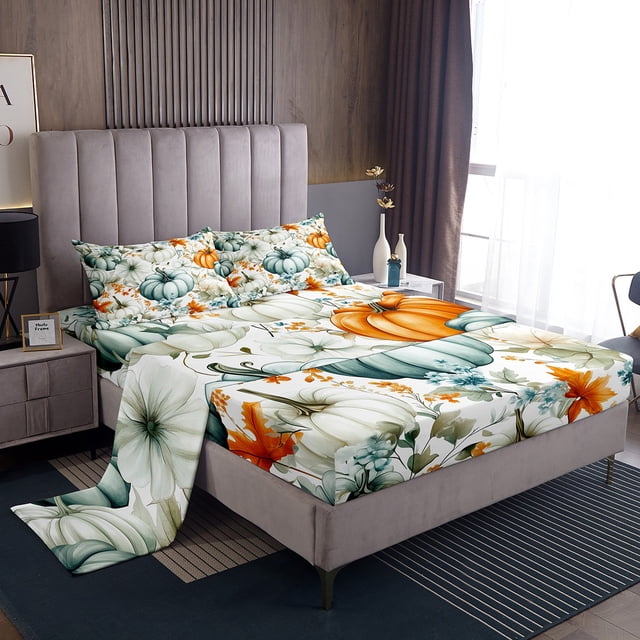 Erosebridal Maple Leaf Sheet Set Queen, Autumn Pumpkin Bedding Sets Queen Size, Flower Floral Decor 4pcs