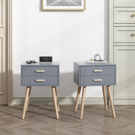 Jaxpety Mid-Century Nightstand Set of 2 Side End Table with 2 Drawers Storage Accent Wood Furniture, Wooden Gray