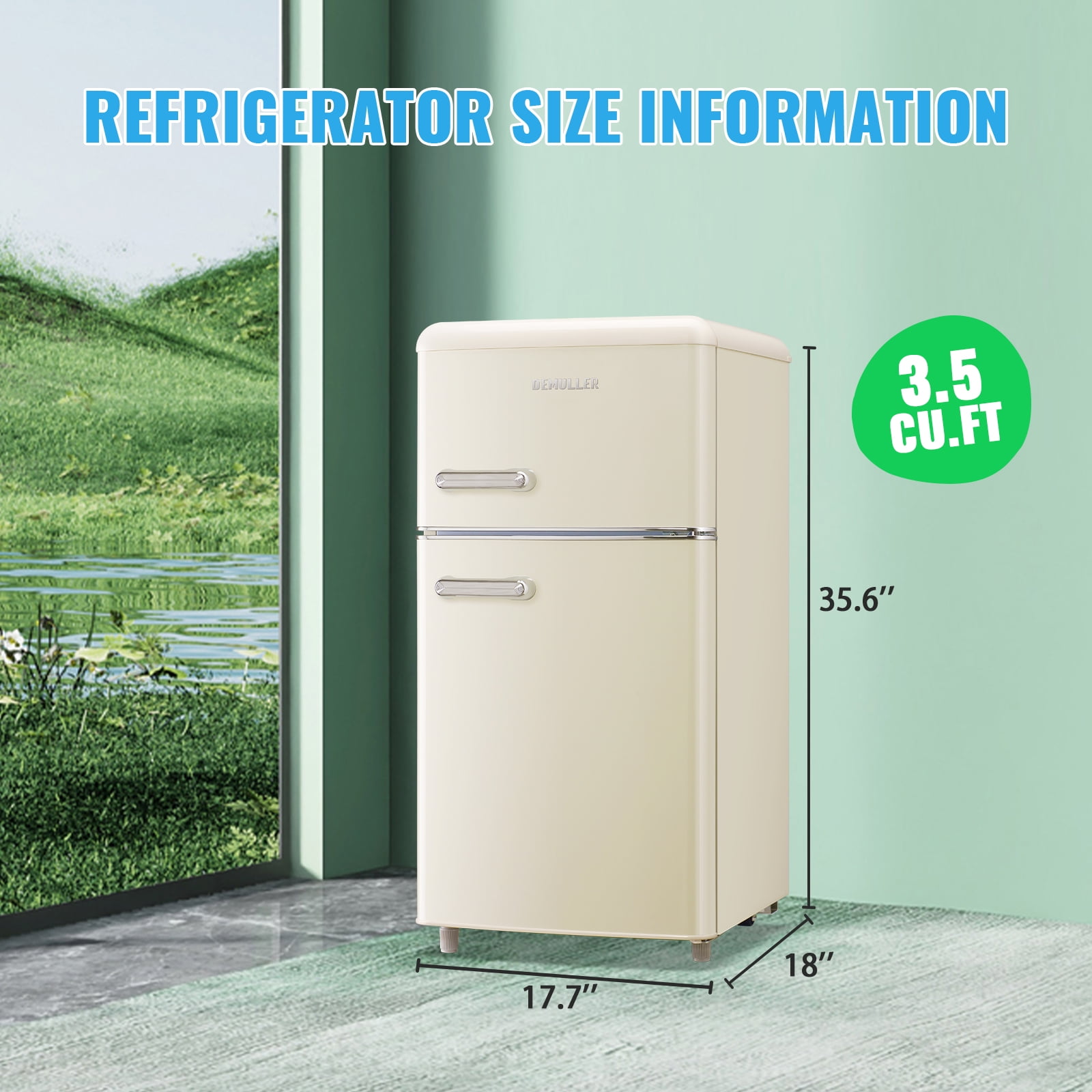 DEMULLER 3.5 Cu.ft Mini Fridge with Double Door Small Refrigerator Drinks Holder Apartment Size 19.3 Width White