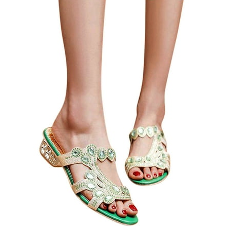 

Cathalem Women Wedge Sandals Sandals And Summer Rhinestone Heel Low Casual Women s Heel Fashion for Women Sandals 81/2 Wide Green 8