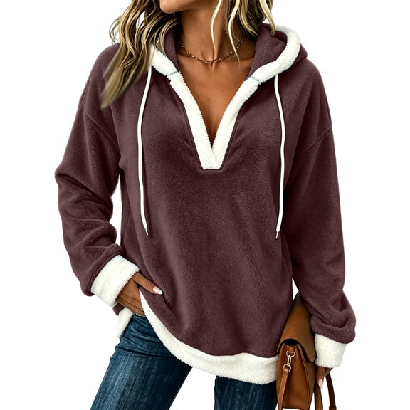 Hearthz Fleece Lined Hoodie Women Contrast Plush Edge Women's Sweatshirt V Neck Drop Shoulder Fuzzy Flannel Womens Pullover Sweatshirt