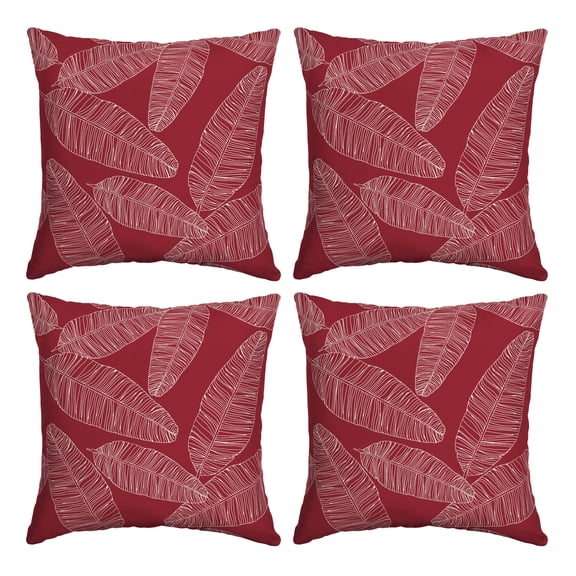 ARDEN Outdoor Toss Pillow, Set of 4, 16 x 16, Rain-Proof, Fade Resistant Red Leaf Palm