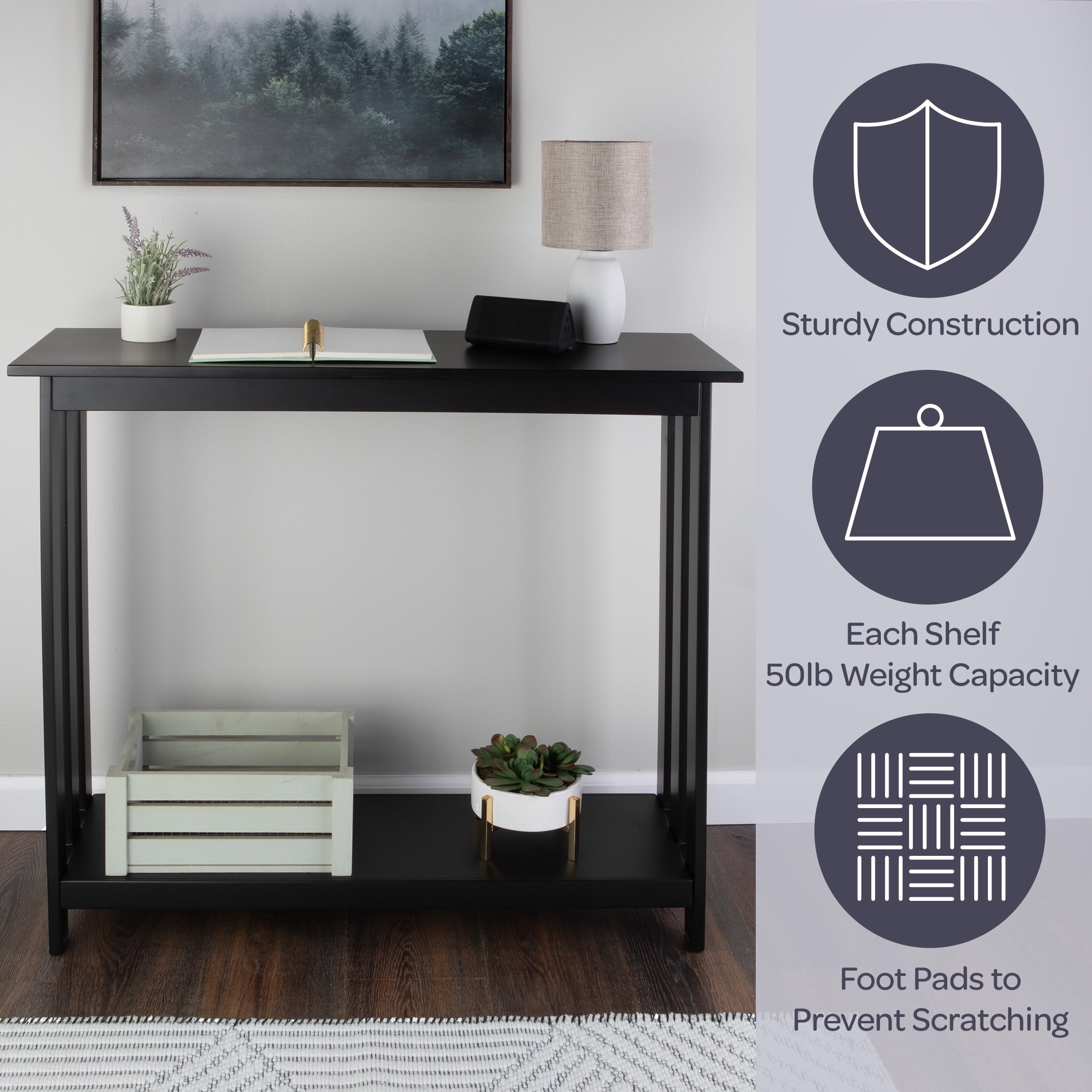 Lavish Home 2-Tier Console Table - 39x11.8in Narrow Entryway Table (Black)