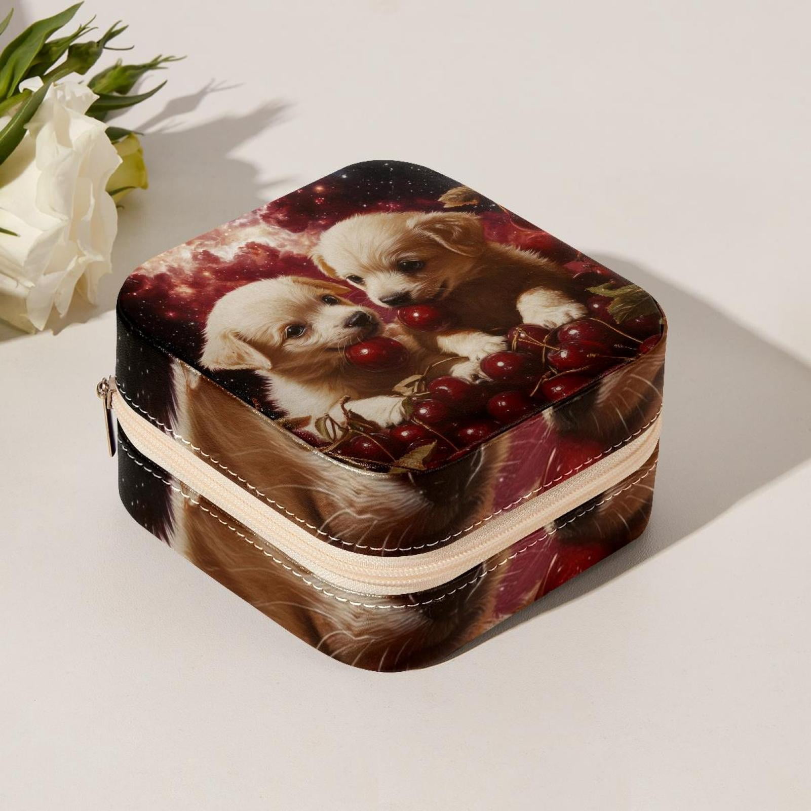 PhooArto Small Jewellery Box, Galaxy Puppies Cherries Portable Travel Mini Jewelry Case for Women Leather Ring Organizer