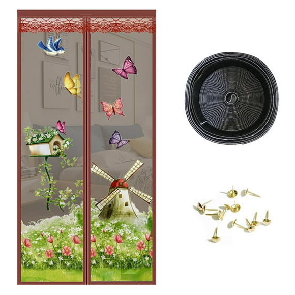 Magnetic Screen Door,Keep Bugs Out,Windmill Print, Breeze in - Self-Seal Magnets, Retractable Mesh Net Closure -100x210CM