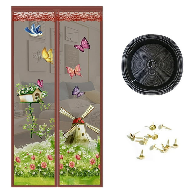 Magnetic Screen Door,Keep Bugs Out,Windmill Print, Breeze in - Self-Seal Magnets, Retractable Mesh Net Closure -100x210CM